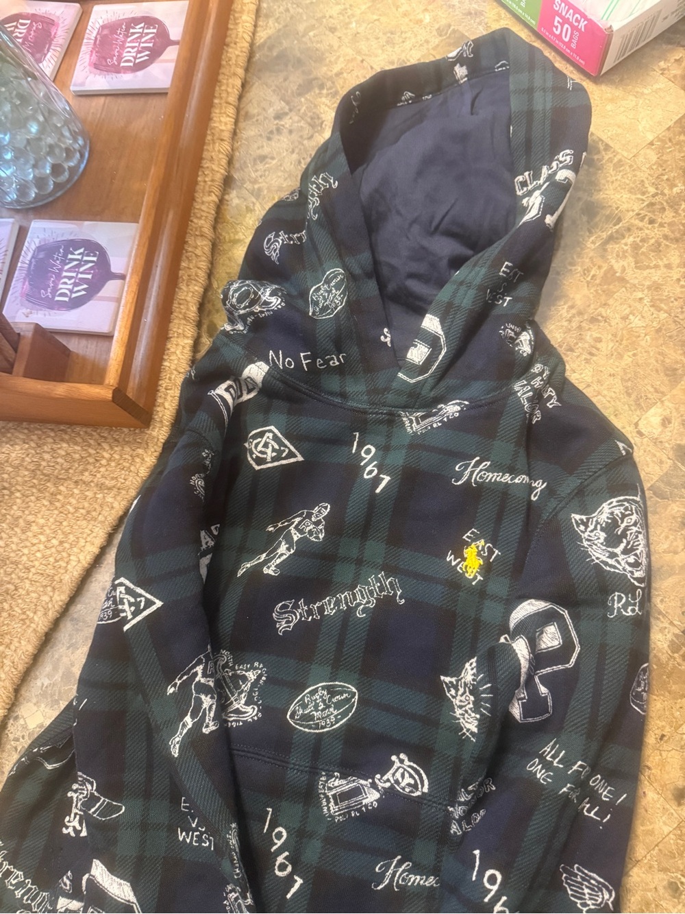 Kids Hooded Pullover Jacket in Dark Green Plaid